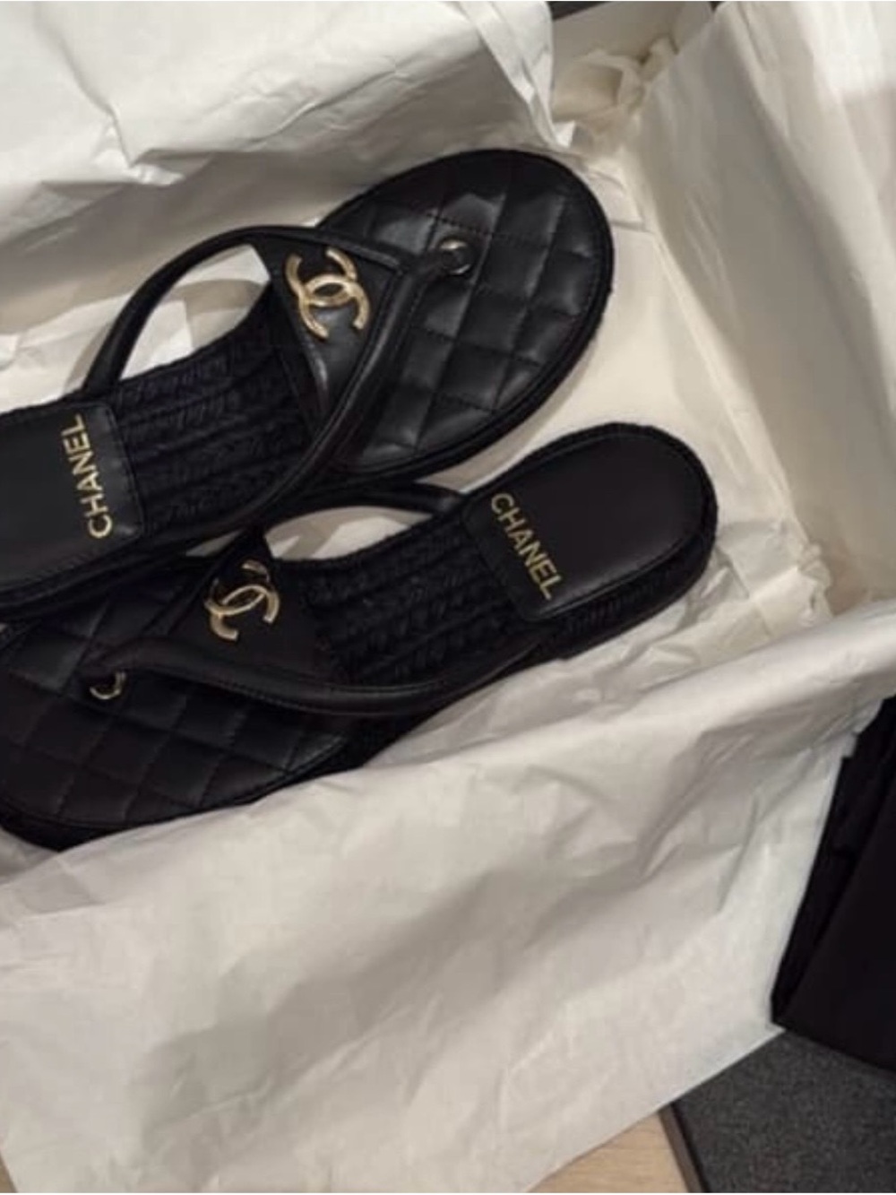 Black Quilted Leather Thong Sandals with Gold CC